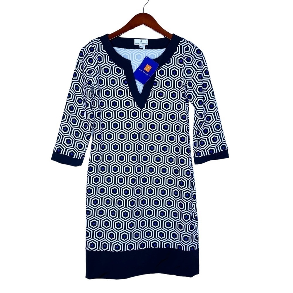 JUDE CONNALLY NWT Sherri Hexi Print Short Dress Size XS in Black, Blue and White